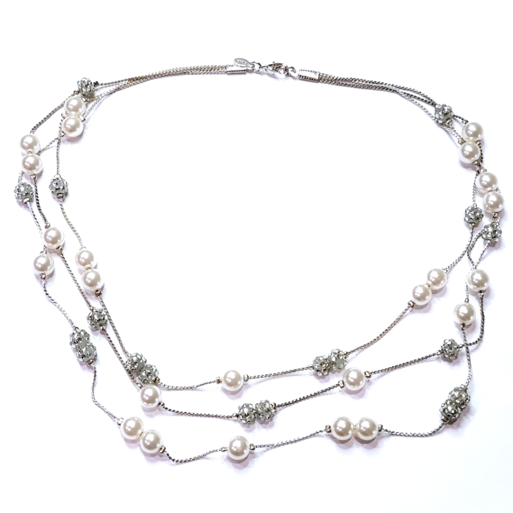 Rmn 3-Strand Rhinestone Faux Pearl Silvertone Chain Necklace Fashion Jewelry 11$